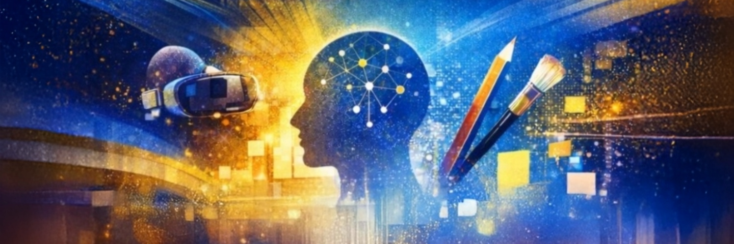 A blue and gold header with a human head, art tools, and a VR headset.